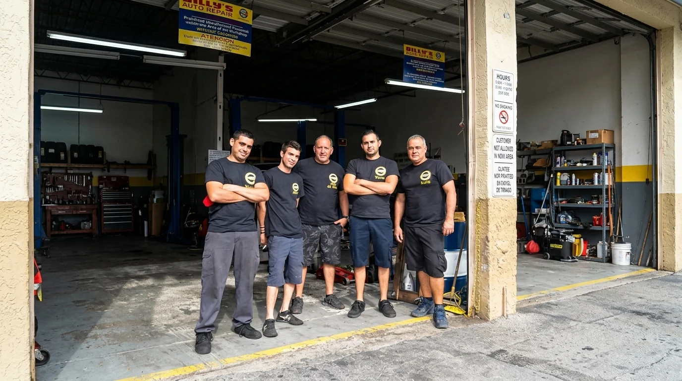 The Billy's Automobile Repair team in front of the shop in Hialeah Gardens